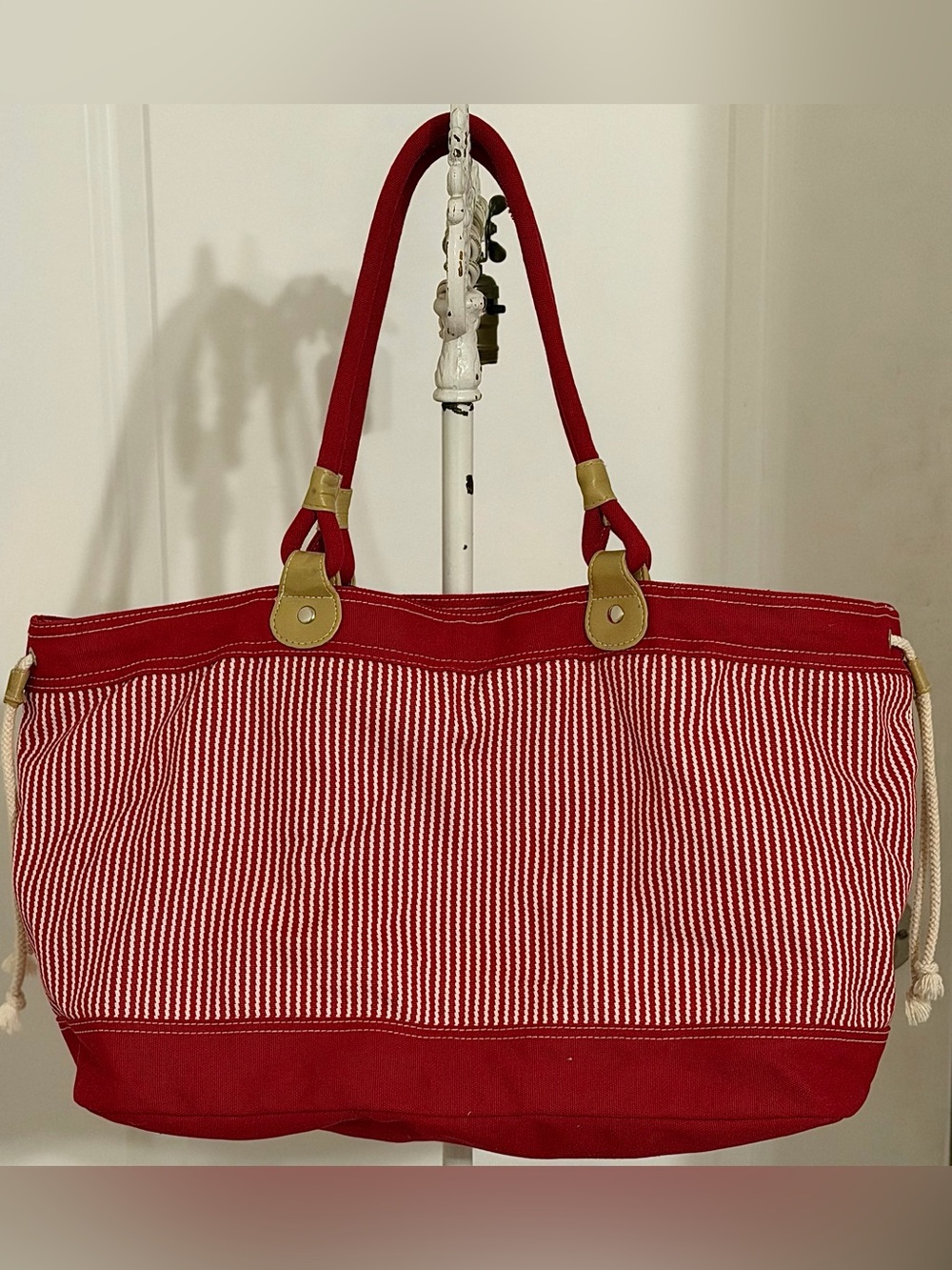 Large Red White Striped Nautical Canvas Tote Bag Anchor Charm Beach Bag - Picture 3 of 10